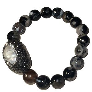 FASHION JEWELRY SPINEL ONYX & PAVE BEADED BRACELET PEARL IMITATION RHINESTONE **